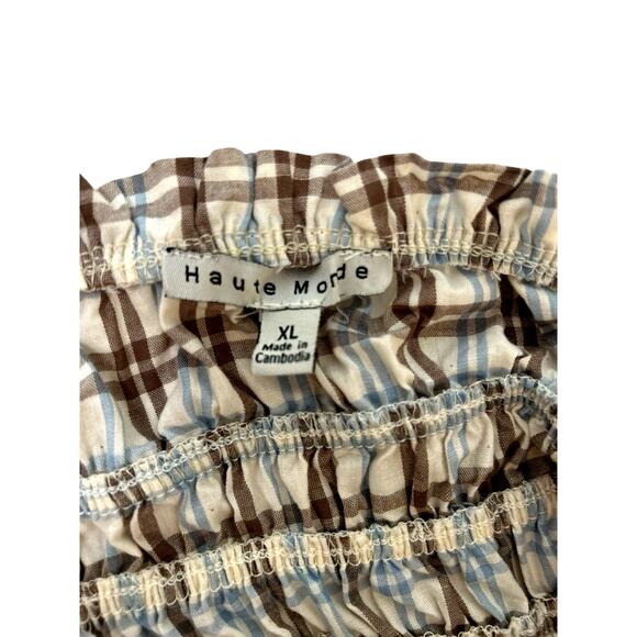 Haute Monde Boho Blue Plaid Strappless Smocked Cropped Peplum XL Cottagecore - Picture 2 of 7